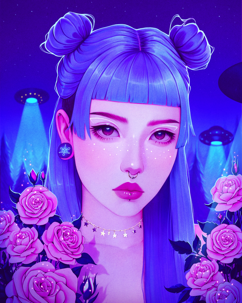 Woman with blue hair and UFOs in a starry night
