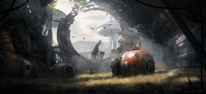 4K Ruins with Birds and Futuristic Structure