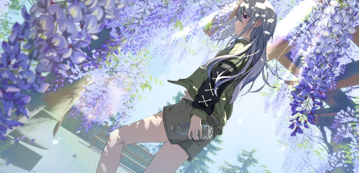 Girl with water bottle under wisteria flowers
