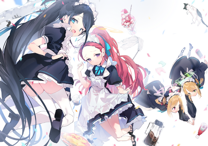 Blue Archive maids with sweets and a cat