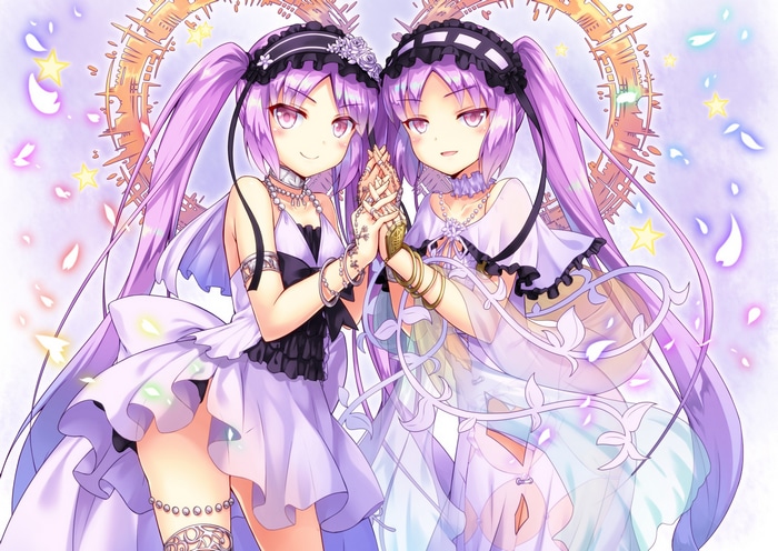 Two anime girls with purple hair holding hands