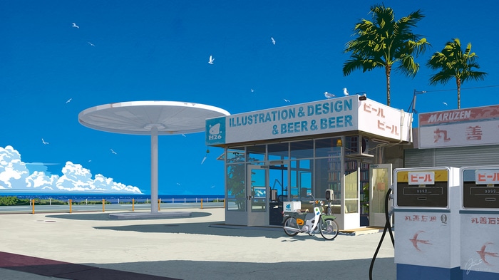 Gas station with illustration and beer sign by the sea