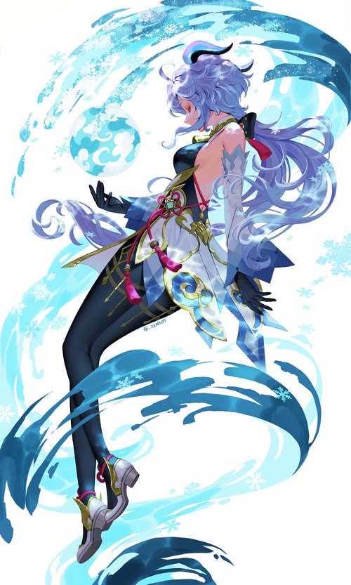 Ganyu from Genshin Impact with blue water and snowflakes