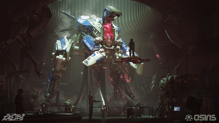 Gavin Manners' concept art of a large mech in a workshop