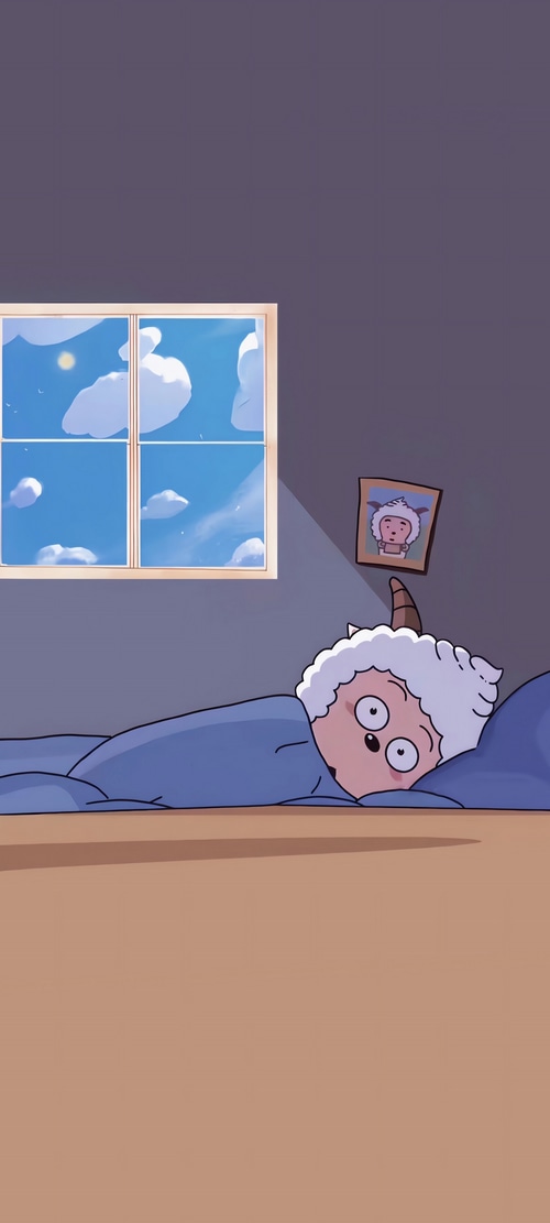 Lazy sheep in bed looking at a portrait