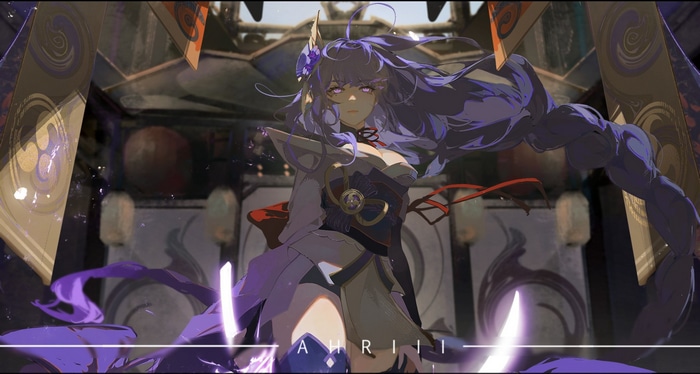 Raiden Shogun from Genshin Impact with purple hair and eyes