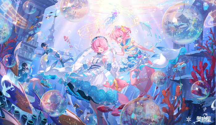 Anime girls and boys underwater with fish and coral