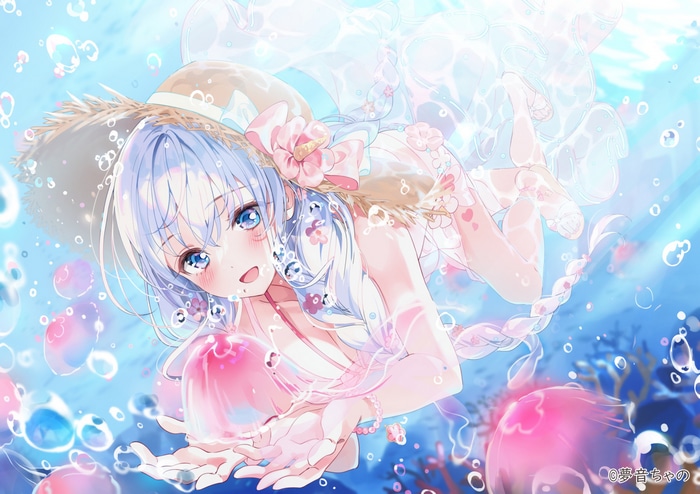 Girl with braids and straw hat underwater with jellyfish