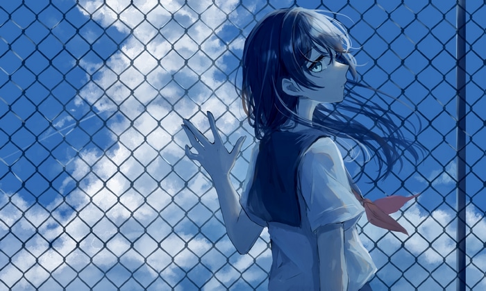 Anime girl with blue hair and eyes behind a fence
