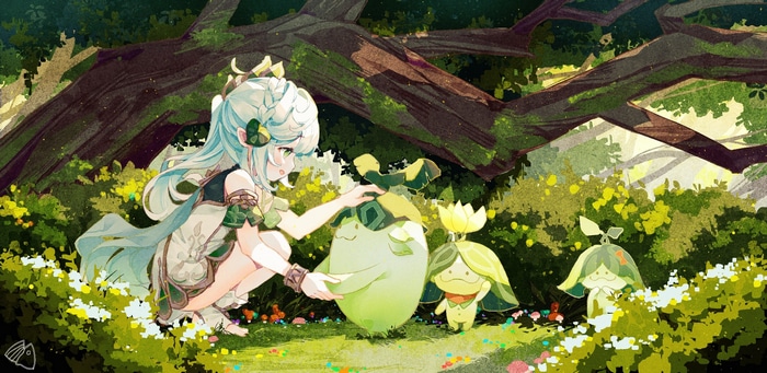 Nahida with creatures in a forest