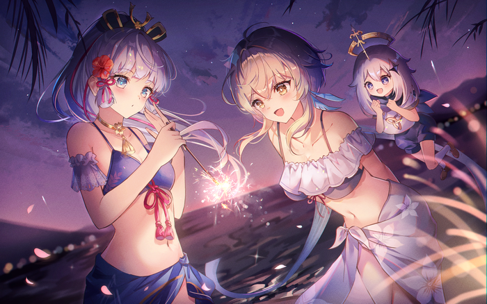 Genshin Impact characters Lumine, Ayaka, and Paimon with fireworks