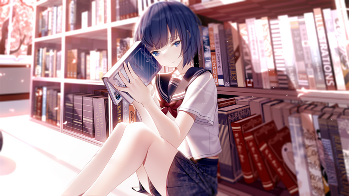 Schoolgirl reading a book in a library with sunlight