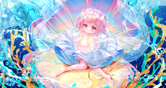 Anime girl with cat ears holding a pearl underwater