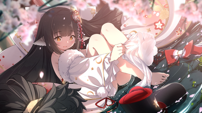 Girl in Kimono with Cherry Blossoms and Water