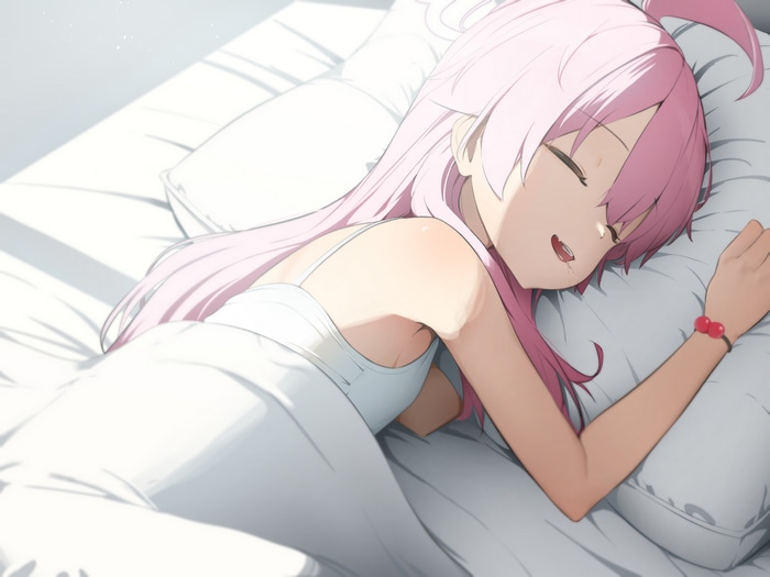 4K anime girl with pink hair sleeping on a bed