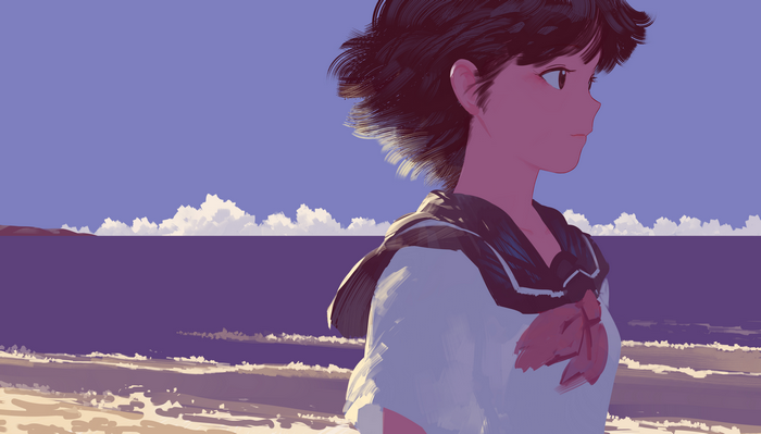 Girl in school uniform on a beach
