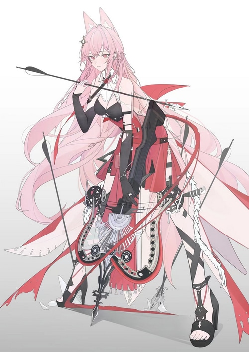 Pozyomka from Arknights with pink hair and wolf ears