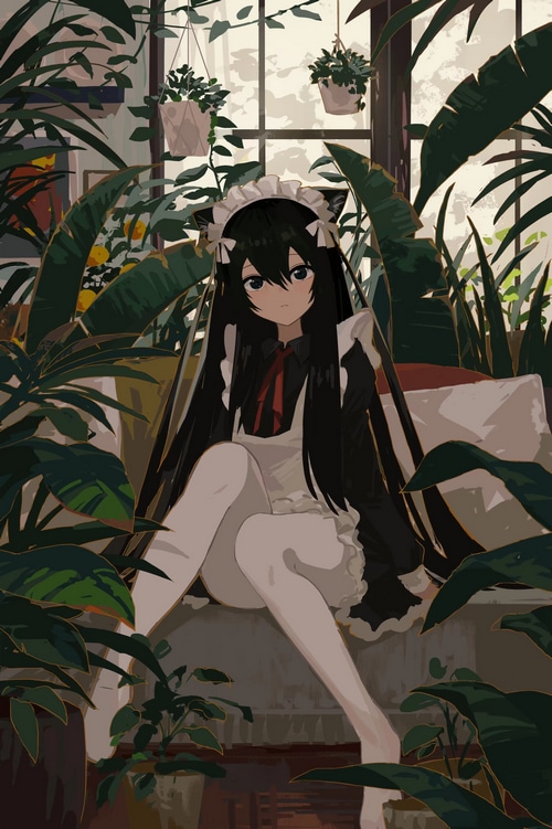 Cat girl maid sitting among plants near a window