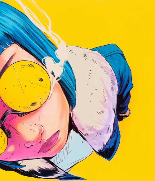 Artwork of a woman with blue hair and yellow glasses