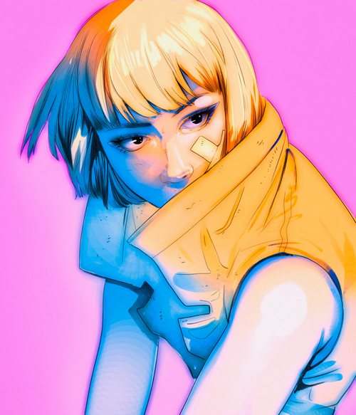 Artwork of a blonde woman with a Band-Aid