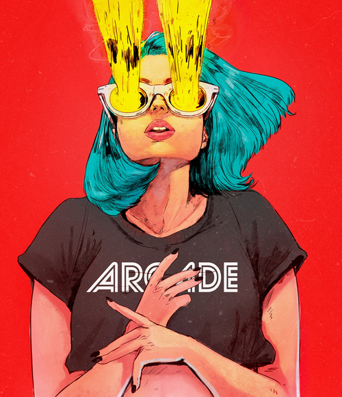Woman with teal hair and "ARCADE" shirt