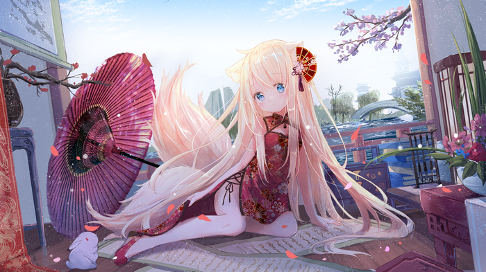 Fox girl in Chinese dress with umbrella and rabbit