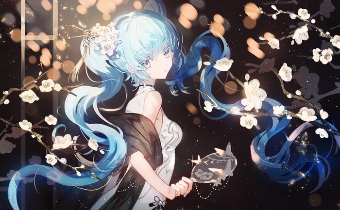 Anime girl with blue twintails and flowers in hair
