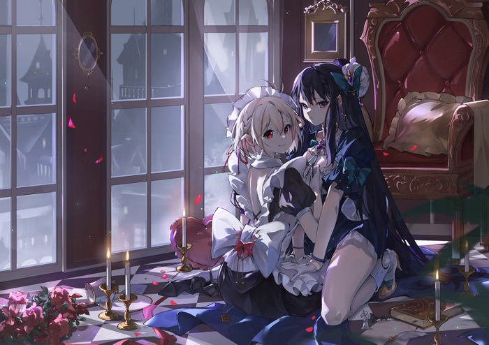 Two women in maid outfits by a window