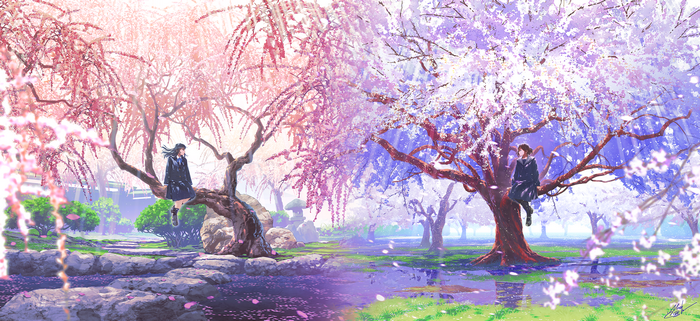 Two schoolgirls sitting on cherry blossom trees