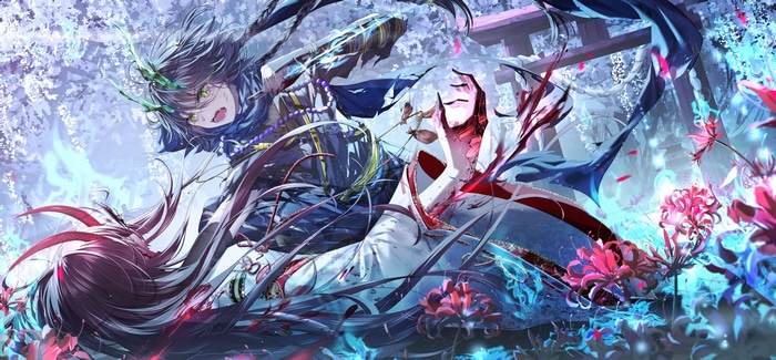 Anime boys fighting with weapons near torii and flowers