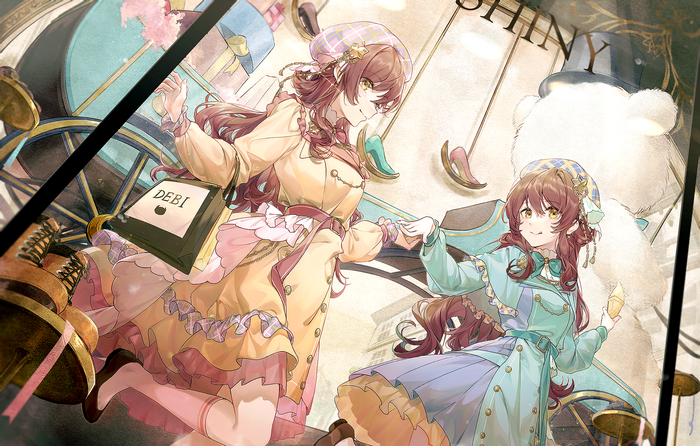 Two anime girls with brown hair and hats