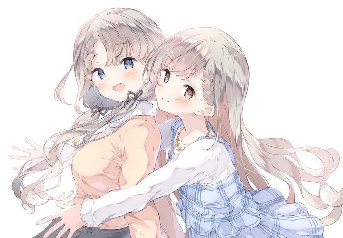 Two anime girls hugging on a white background