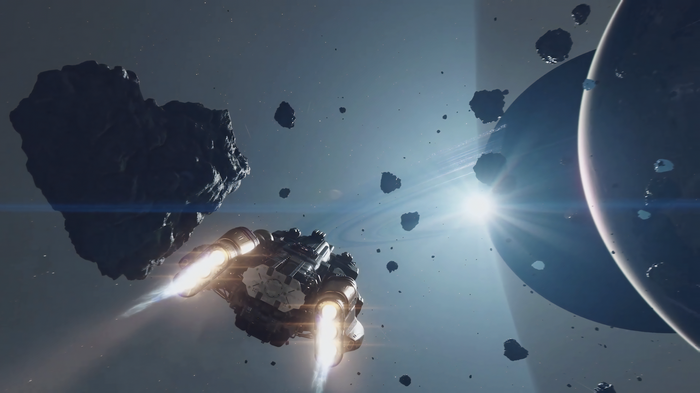 4K Starfield Spaceship in Asteroid Field near Planets