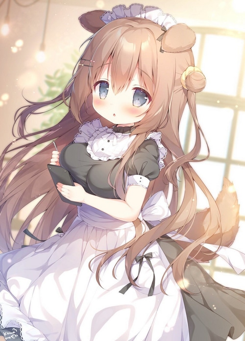 Maid with animal ears holding a tablet