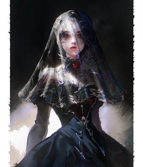 Woman in black dress and veil