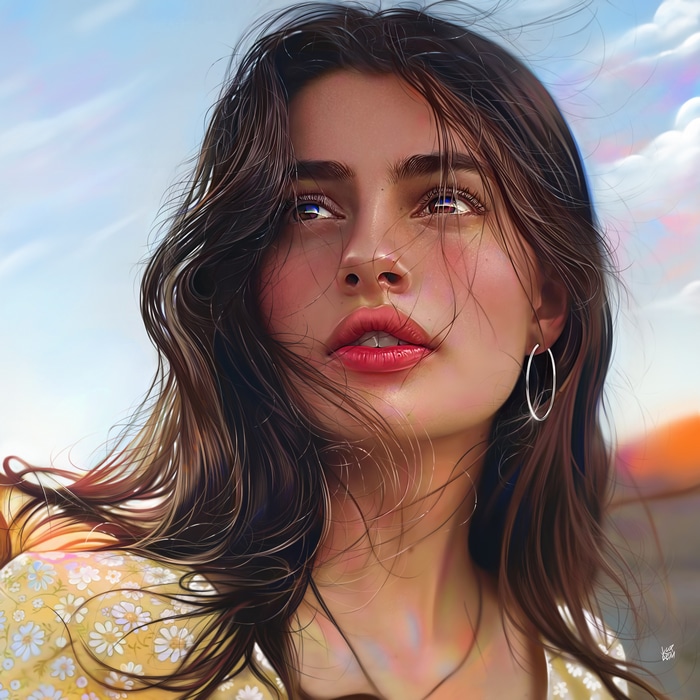 4K portrait of Diana Silvers with dark hair and hoop earrings