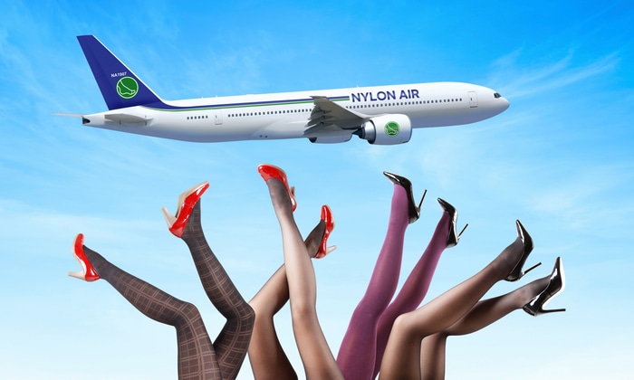 Nylon Air airplane with legs in the air
