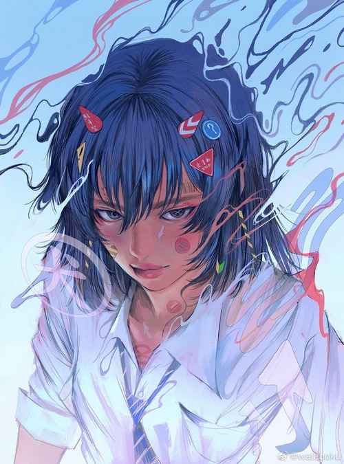 Illustration of a girl with blue hair and horns
