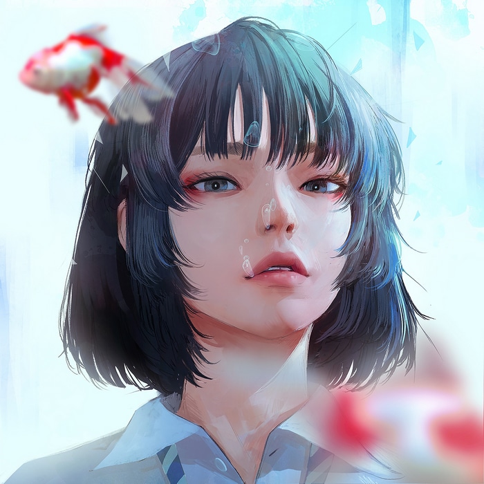 Woman with dark hair and goldfish