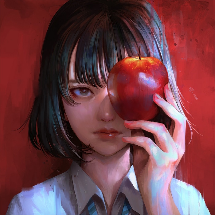 Girl with apple covering one eye