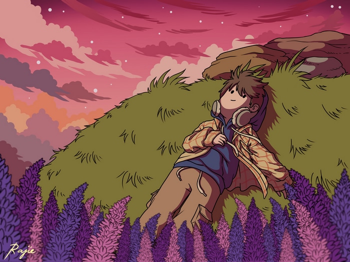 Person with headphones lying in lavender field at sunset