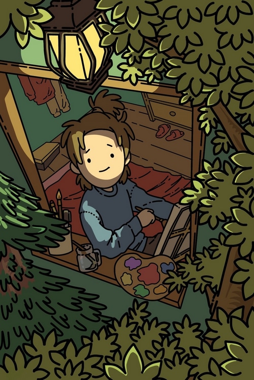 Artist painting in a treehouse at night