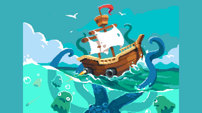 Pixel art ship battling a Kraken in the ocean