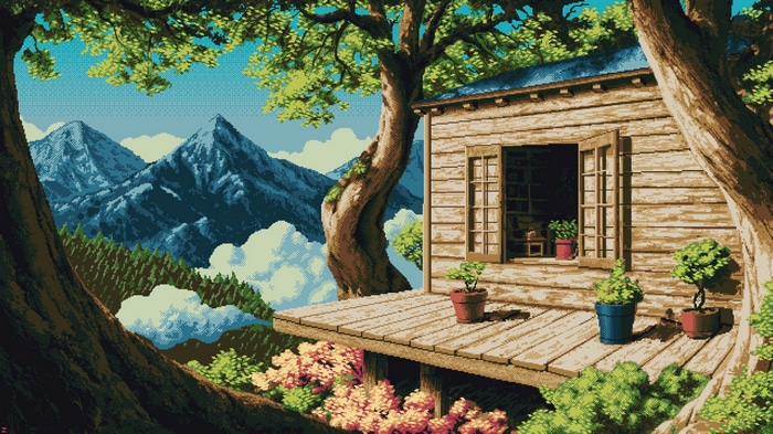 Pixel art cabin in mountains with trees and flowers