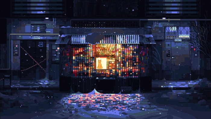 Pixel art of a cat in a brightly lit shop at night