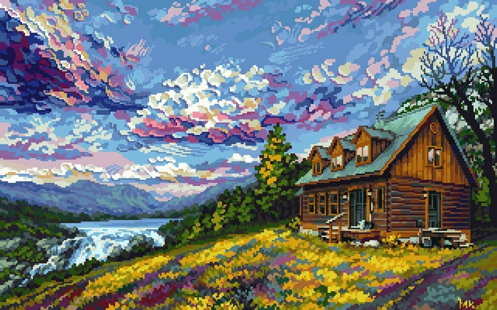 Pixel art of a log cabin by a lake with mountains