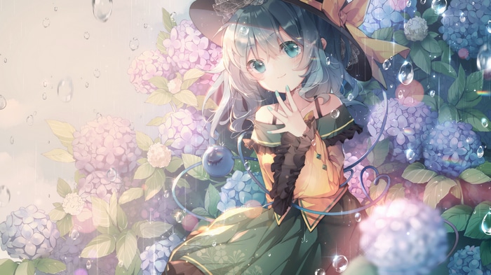4K Komeiji Koishi in the rain with hydrangeas