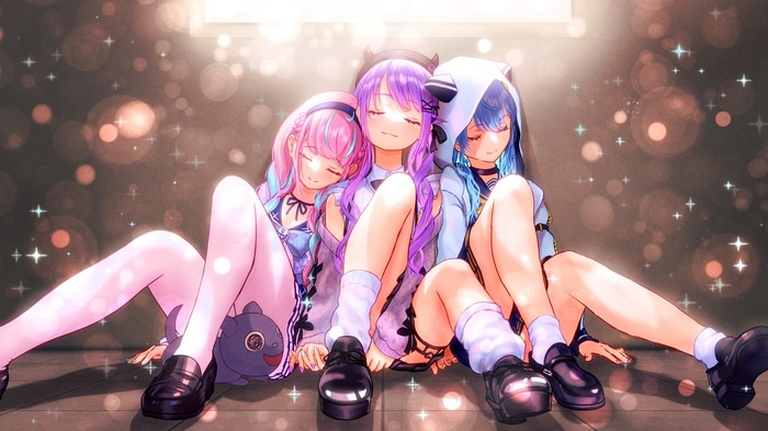 Hololive VTubers Hoshimachi Suisei, Tokoyami Towa, and Aqua sleeping