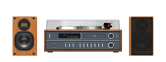 Turntable, CD Player, and Speakers on Black Background