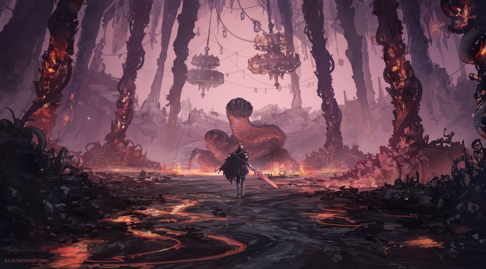 Knight facing a giant snake creature in Elden Ring